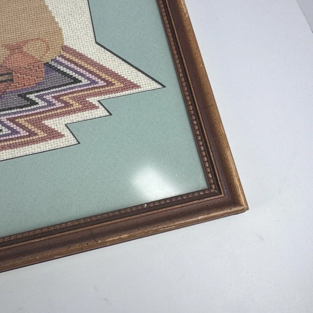 Framed Hand Stitched Needlepoint Southwest Figure Wall‎ Art Wood Frame 13x15